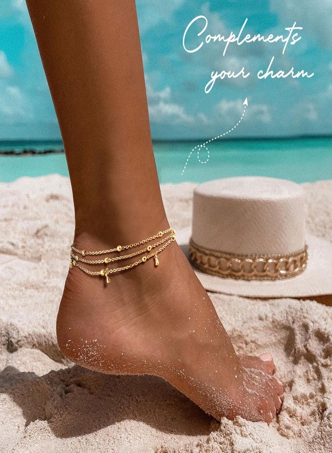 MPRAINBOW أساور كاحل ذهبية مقاومة للماء للنساء - أساور كاحل مطلية بالذهب عيار 14، سلسلة أقدام لراكبي الأمواج على الشاطئ في الصيف، مجموعة أساور كاحل متعددة الطبقات، مجوهرات عصرية طبقية هدايا عطلة لصديقة - Image 2