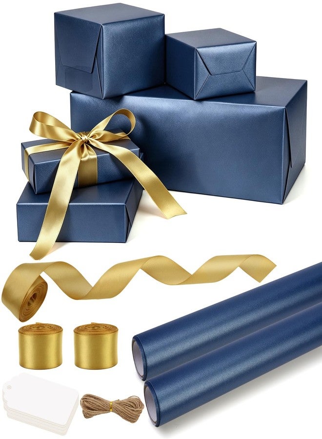 CORNER LACE Pearlescent Navy Blue Gift Wrapping Paper Set, Pearly-Lustre Wrapping Paper 2 Rolls 20ft(17in x 10ft Each with Ribbon and Gift Tags for Graduation Bridal Shower Baby Shower Birthday - Image 1