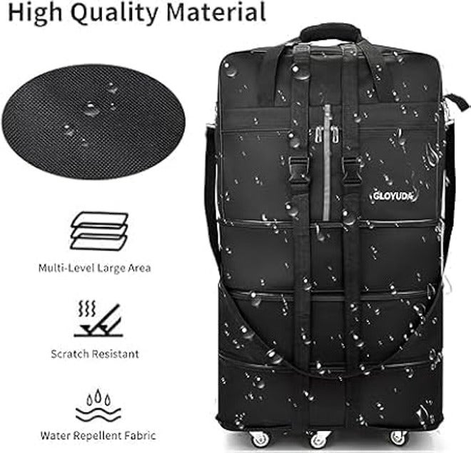 Travel Moving Trolley Luggage 36"inch Foldable Bag XX-Large 30kg/120L “Expandable Rolling Wheel Duffel Bag Large Capacity Suitcase 5 Durable Rolling Wheel Waterproof Lightweight Luggage Black - Image 5