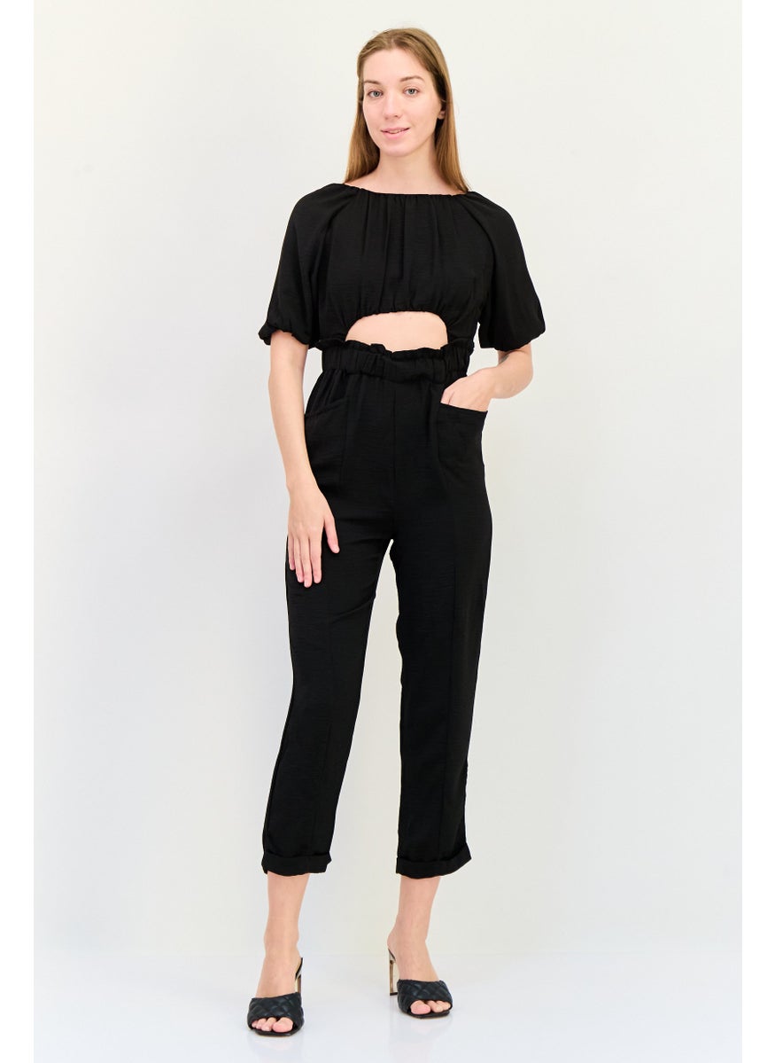 ONLY Women Boat Neck Short Sleeve Plain Jumpsuit, Black  - Image 1