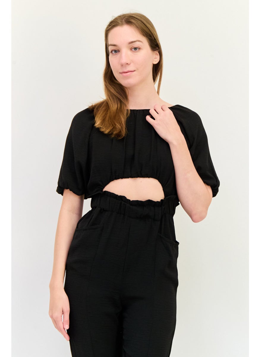 ONLY Women Boat Neck Short Sleeve Plain Jumpsuit, Black  - Image 2