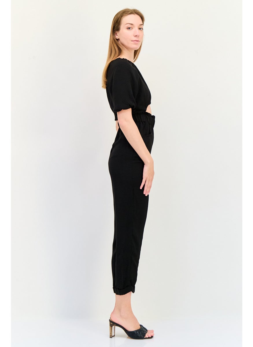 ONLY Women Boat Neck Short Sleeve Plain Jumpsuit, Black  - Image 3