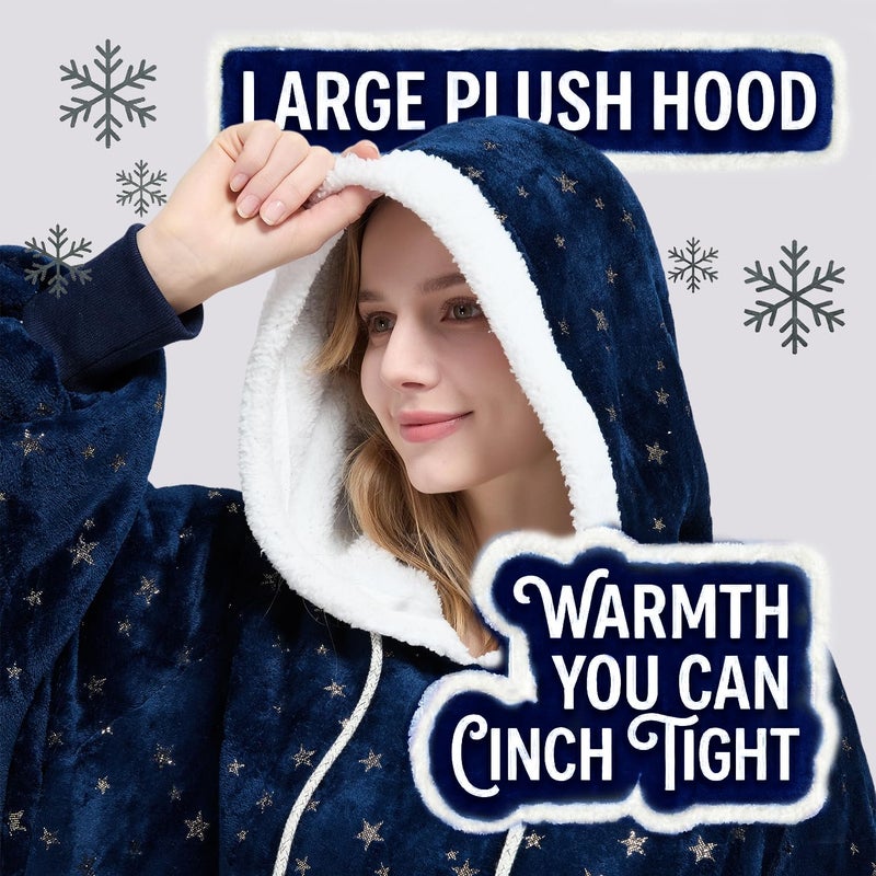 Qeils Wearable Blanket Hoodie for Women, Comfy Sherpa Sweatshirt Blanket as Birthday Christmas Gifts, Oversized Pullover Jacket Blanket Hoodie for Adult (Navy Foil Star, Adult) - Image 3