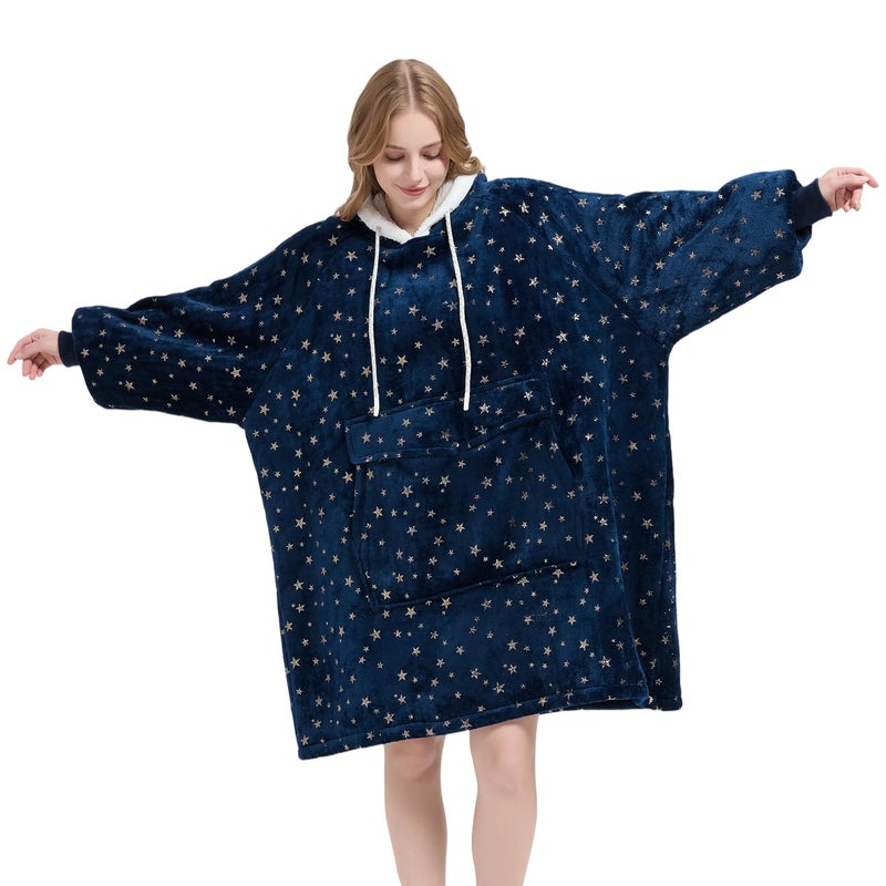 Qeils Wearable Blanket Hoodie for Women, Comfy Sherpa Sweatshirt Blanket as Birthday Christmas Gifts, Oversized Pullover Jacket Blanket Hoodie for Adult (Navy Foil Star, Adult) - Image 1