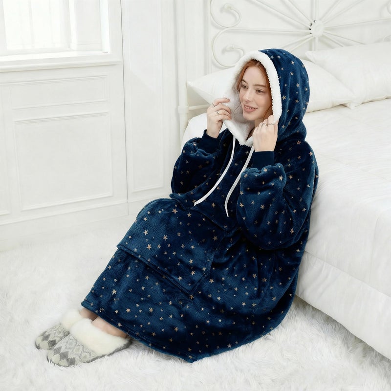 Qeils Wearable Blanket Hoodie for Women, Comfy Sherpa Sweatshirt Blanket as Birthday Christmas Gifts, Oversized Pullover Jacket Blanket Hoodie for Adult (Navy Foil Star, Adult) - Image 2