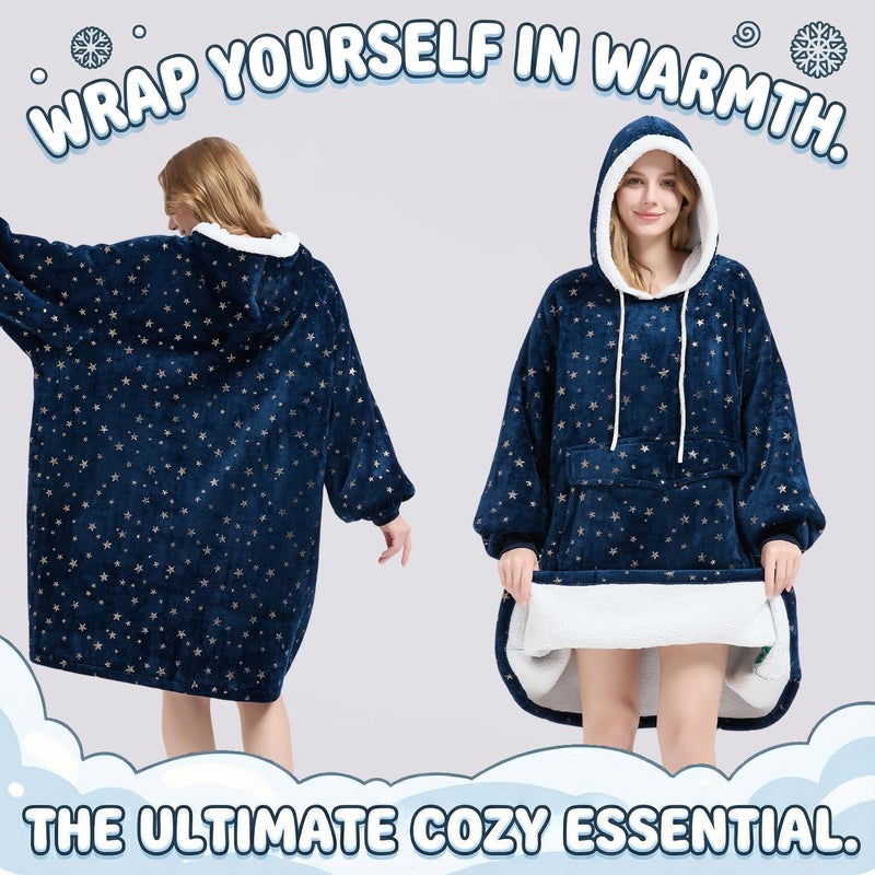 Qeils Wearable Blanket Hoodie for Women, Comfy Sherpa Sweatshirt Blanket as Birthday Christmas Gifts, Oversized Pullover Jacket Blanket Hoodie for Adult (Navy Foil Star, Adult) - Image 5