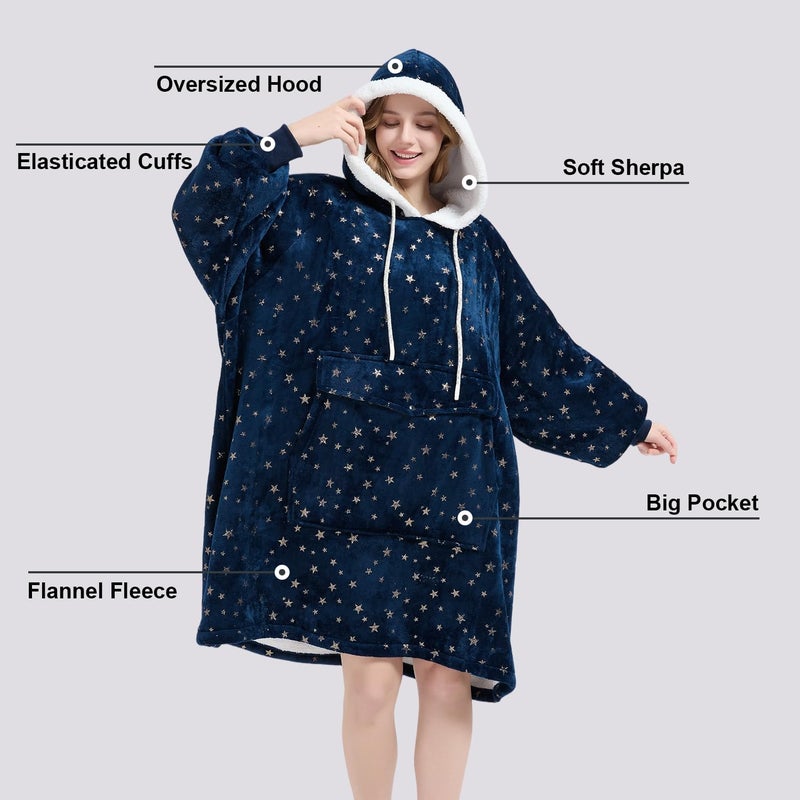 Qeils Wearable Blanket Hoodie for Women, Comfy Sherpa Sweatshirt Blanket as Birthday Christmas Gifts, Oversized Pullover Jacket Blanket Hoodie for Adult (Navy Foil Star, Adult) - Image 4