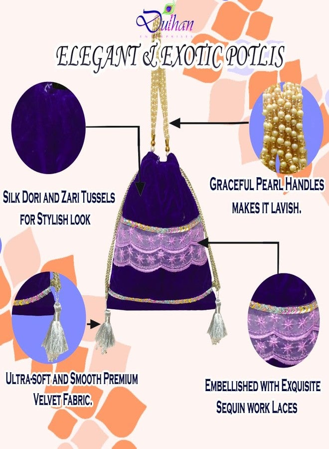 Dulhan Velvet Potli Bag with Pearl Handle | Sequin Tissue Lace Zari Tassels and Resham Dori | Purple Soft Padded Wedding Shagun Pouch for Return Gifts, Wedding, Winter and Festive Use (pack of 2) - Image 4
