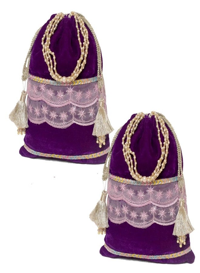 Dulhan Velvet Potli Bag with Pearl Handle | Sequin Tissue Lace Zari Tassels and Resham Dori | Purple Soft Padded Wedding Shagun Pouch for Return Gifts, Wedding, Winter and Festive Use (pack of 2) - Image 1