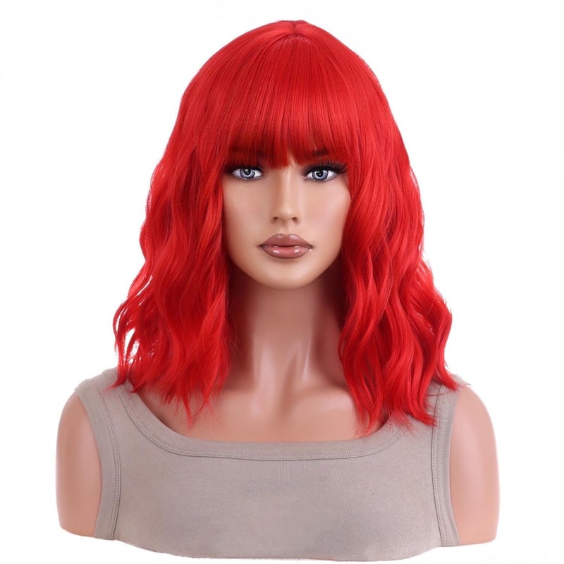 AneShe Short Curly Red Wig for Women Red Wavy Bob Wig with Bangs Shoulder Length Wig Heat Resistant Fiber Red Color Wig for Daily Party Cosplay Use