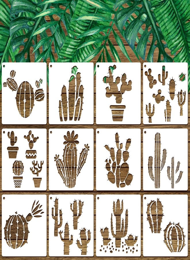 Zonon 12 Pcs Cactus Stencil for Crafts Reusable 8 Inch Summer Cacti Stencil Painting on Wood, Tropical Succulent DIY Art Template for Canvas Notebook Greeting Card Scrapbook Cinco De Mayo Home Decor - Image 1