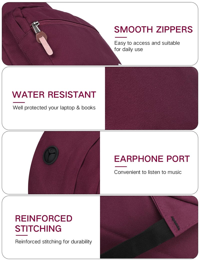 RAVUO Casual Backpack for Women, Water Resistant Classic Basic 15.6 inch Laptop Backpack Rucksack Travel Daypack Bookbag Burgundy - Image 3