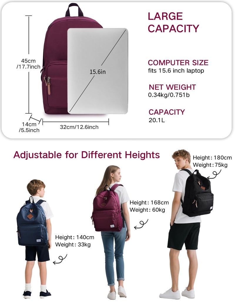 RAVUO Casual Backpack for Women, Water Resistant Classic Basic 15.6 inch Laptop Backpack Rucksack Travel Daypack Bookbag Burgundy - Image 2
