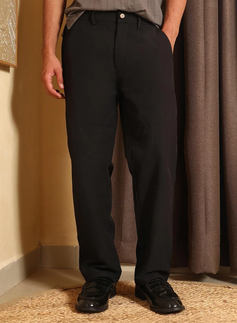 Campus Sutra Men Panelled Straight-Fit Trousers | Mid-Rise , Side Elasticated Stretch Waist | Button Closure , Straight Hem | Solid Plain | Woven Fabric For Casual & Daily Wear | Onyx Black