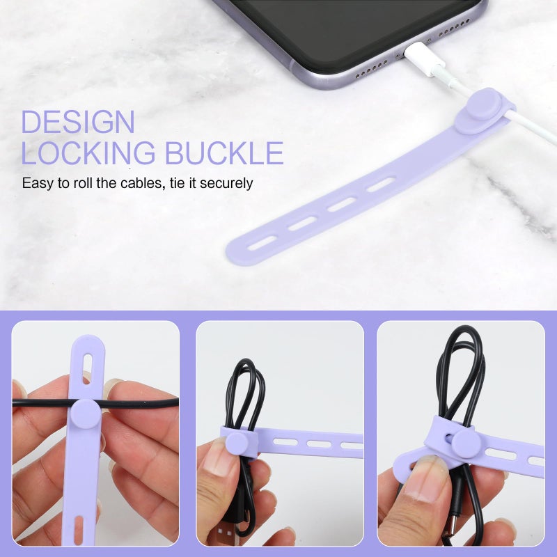Donruby 24Pcs Silicone Cable Ties - Reusable & Washable with Locking Buckles, Adjustable Fastening Cable Management Straps, Multi-Purpose High Elasticity Cord Organizer (6 Colors) - Image 5
