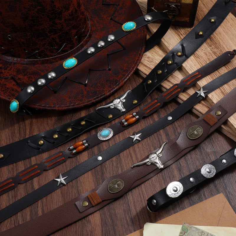 APLZGMG 6Pcs Cowboy Hat Bands for Women Men, Ethnic Western Hats Belts, 6 Styls Adjustable Cowboy Hat Band, Western Hatbands Decorating Supplies with Turquoise, Beaded, Star, Cow Pattern - Image 5