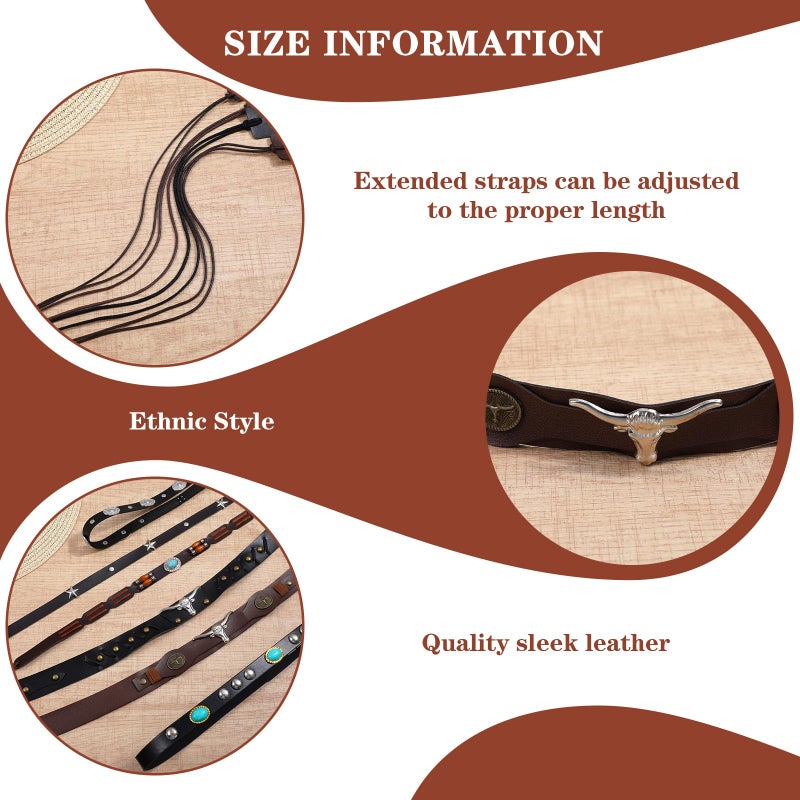 APLZGMG 6Pcs Cowboy Hat Bands for Women Men, Ethnic Western Hats Belts, 6 Styls Adjustable Cowboy Hat Band, Western Hatbands Decorating Supplies with Turquoise, Beaded, Star, Cow Pattern - Image 4