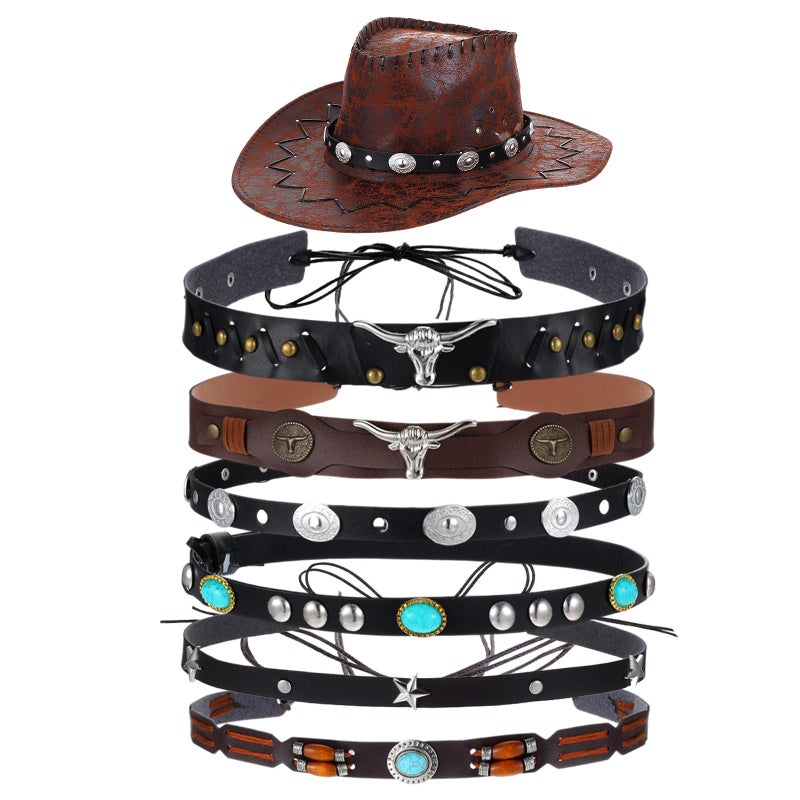 APLZGMG 6Pcs Cowboy Hat Bands for Women Men, Ethnic Western Hats Belts, 6 Styls Adjustable Cowboy Hat Band, Western Hatbands Decorating Supplies with Turquoise, Beaded, Star, Cow Pattern - Image 1