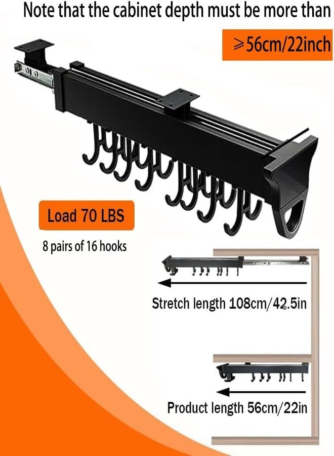 DBR Pan Pull Out Cabinet Organizer, Double Row Hanging Rack, Aluminium Alloy Kitchen Storage with 12+ Hooks, Black - Image 5