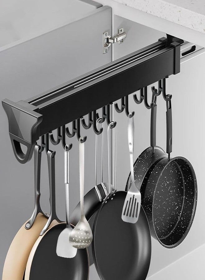 DBR Pan Pull Out Cabinet Organizer, Double Row Hanging Rack, Aluminium Alloy Kitchen Storage with 12+ Hooks, Black - Image 1