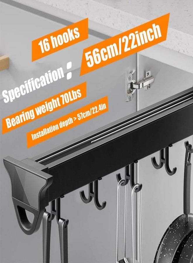 DBR Pan Pull Out Cabinet Organizer, Double Row Hanging Rack, Aluminium Alloy Kitchen Storage with 12+ Hooks, Black - Image 3