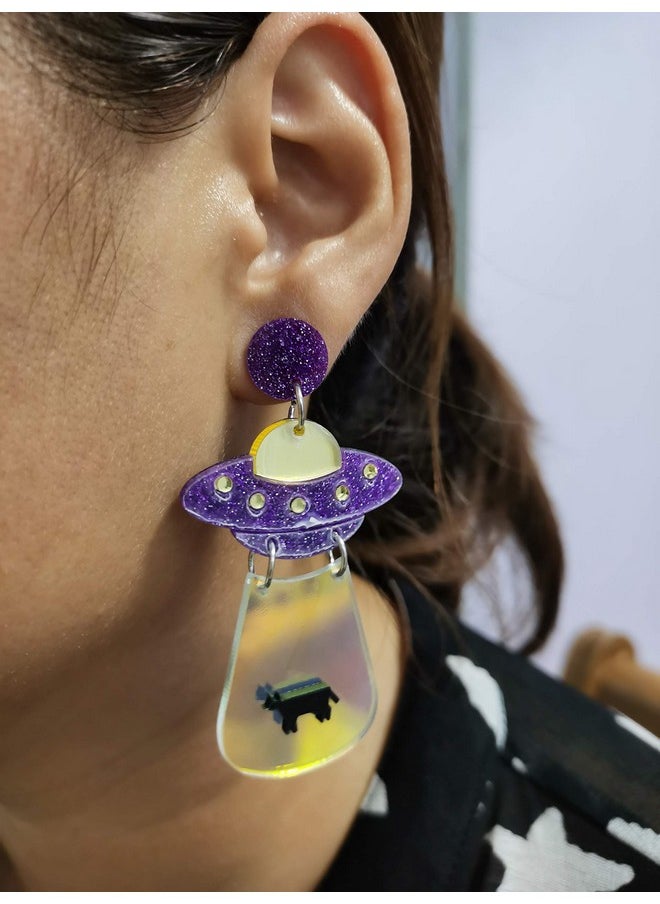 Askana Women`S Fashion And Fun Acrylic Big Cute Ufo Aliens Cosmos And Space Drops Stud Earrings  - Image 4