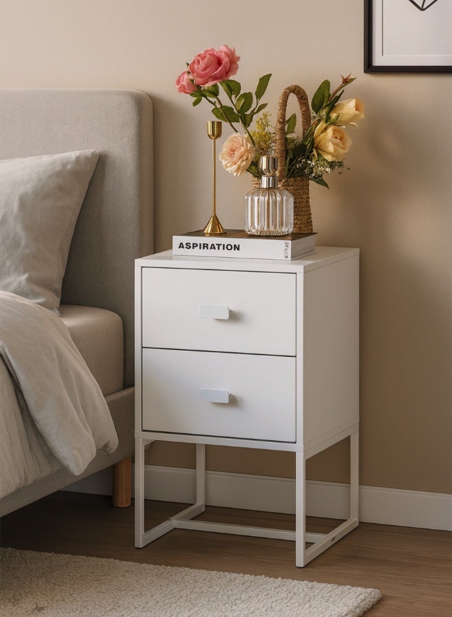 أولييرو طاولة سرير جانبية لغرفة النوم وطاولة جانبية بسيطة مع درجين للتخزين - أبيض - 30x30x47 سم - Image 1