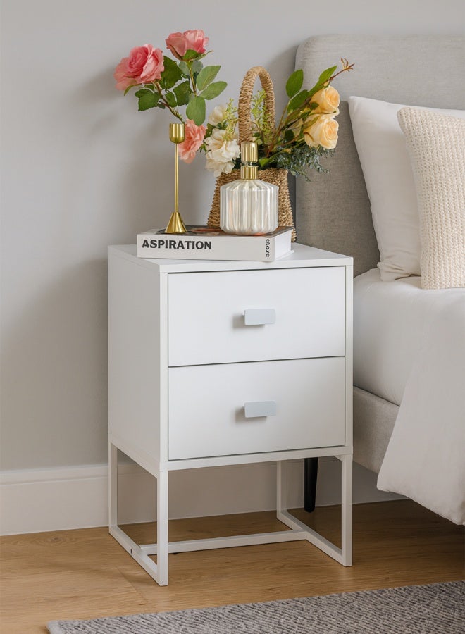أولييرو طاولة سرير جانبية لغرفة النوم وطاولة جانبية بسيطة مع درجين للتخزين - أبيض - 30x30x47 سم - Image 2