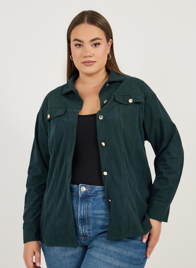 Styli Plus Size Chest Pocket Corduroy Shirt with Metal Buttons - Image 1