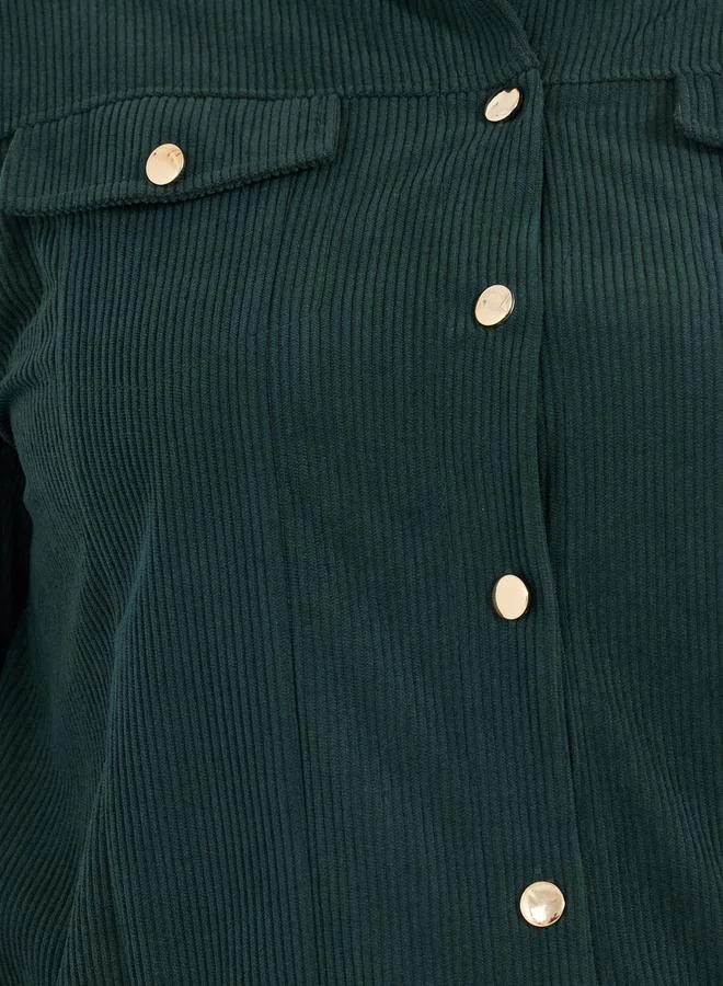 Styli Plus Size Chest Pocket Corduroy Shirt with Metal Buttons