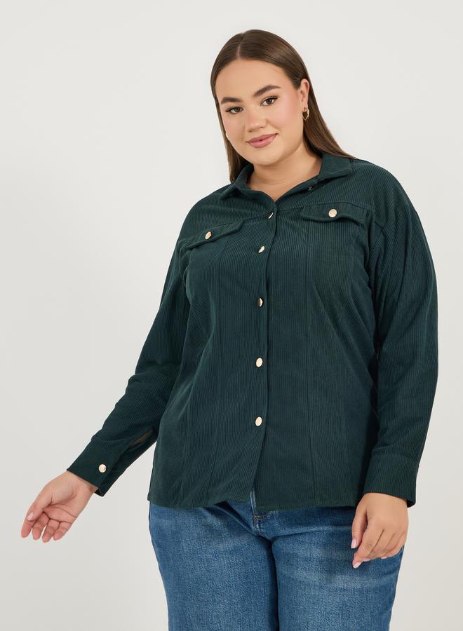 Styli Plus Size Chest Pocket Corduroy Shirt with Metal Buttons - Image 3