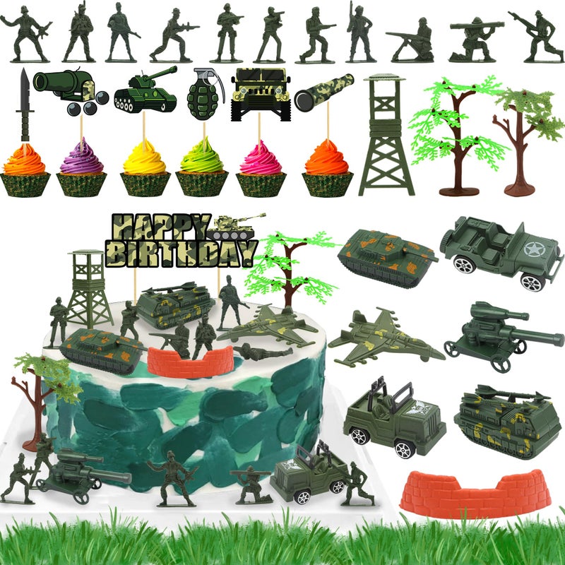 BANBALLON 35pcs Camo Cake Cupcake Toppers Camouflage Cake Decorations Army Military Party Supplies with Camo Happy Birthday Cake Topper Army Men Tanks Vehicles for Army Military Themed Party Boys Girls Veteran - Image 3