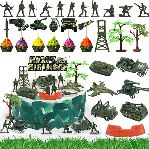 BANBALLON 35pcs Camo Cake Cupcake Toppers Camouflage Cake Decorations Army Military Party Supplies with Camo Happy Birthday Cake Topper Army Men Tanks Vehicles for Army Military Themed Party Boys Girls Veteran - Image 1