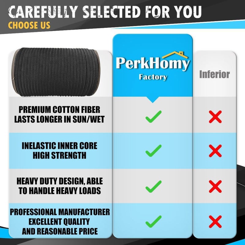 PH PERKHOMY PerkHomy 200 Feet Cotton Rope 3/16" (5mm) Multi Purpose Utility Diamond Braided Cord, Natural Cotton for Clothes Line Camping Crafting Flag Pole, Black - Image 3