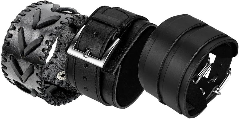 Oidea Assorted 3pcs Mens Punk Multistrand Leather Braided Bangle Cuff Bracelet for Biker Dad Father Size Adjustable - Image 1