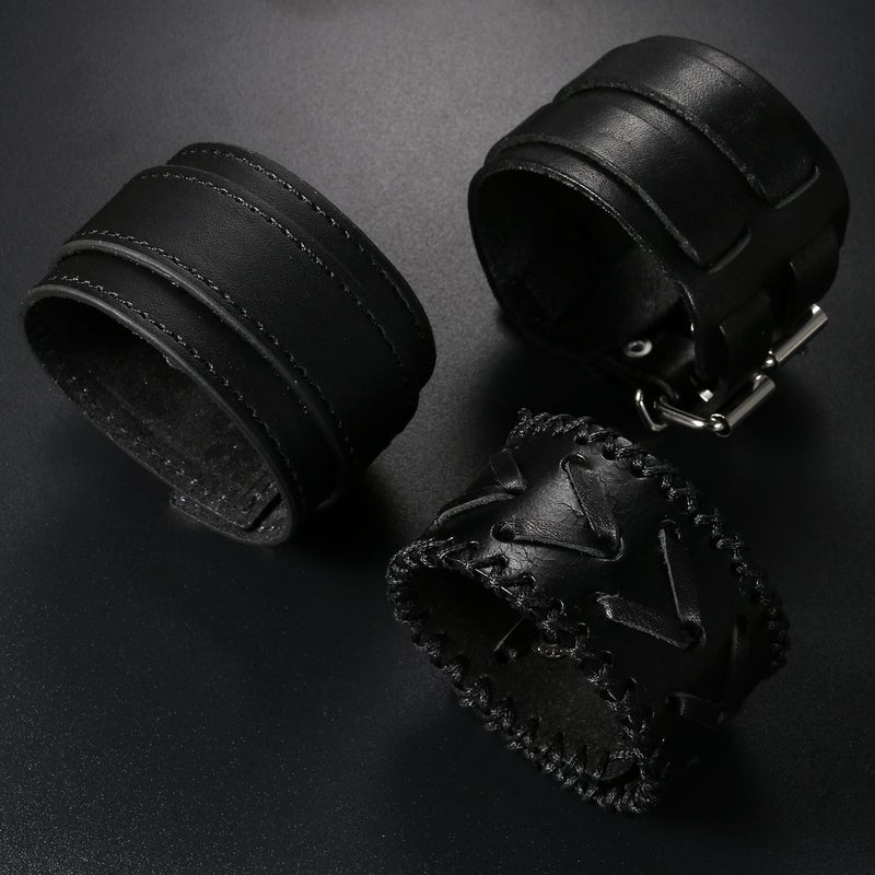 Oidea Assorted 3pcs Mens Punk Multistrand Leather Braided Bangle Cuff Bracelet for Biker Dad Father Size Adjustable - Image 2