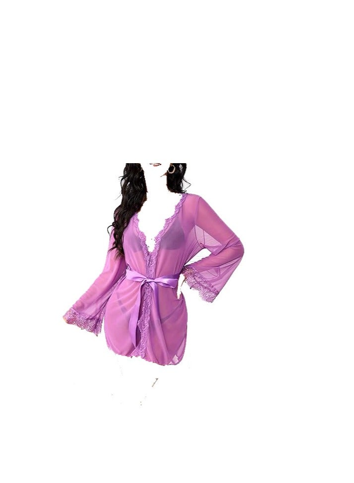 Women See Through Lace Trim Long Sleeve Belted Short Sheer Robe Kimono.  - Image 1
