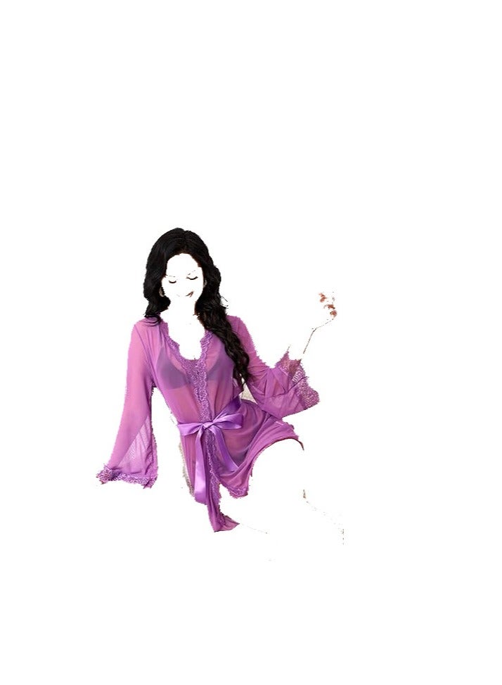 Women See Through Lace Trim Long Sleeve Belted Short Sheer Robe Kimono.  - Image 2