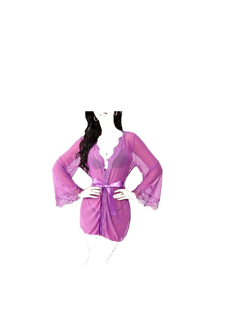 Women See Through Lace Trim Long Sleeve Belted Short Sheer Robe Kimono.  - Image 3