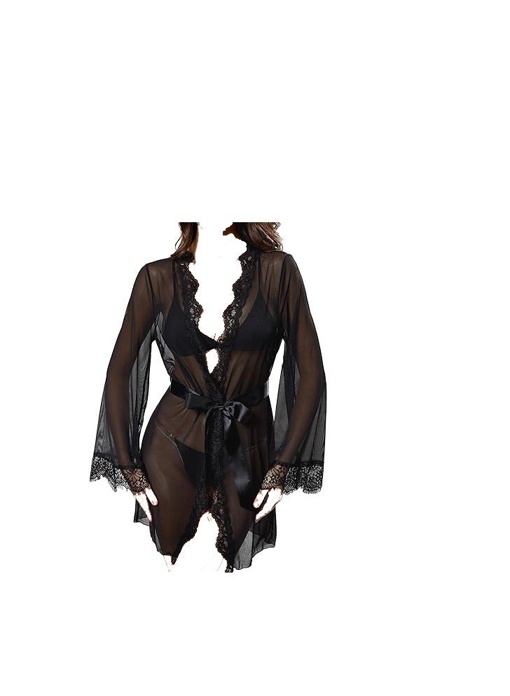 Women See Through Lace Trim Long Sleeve Belted Short Sheer Robe Kimono.  - Image 4