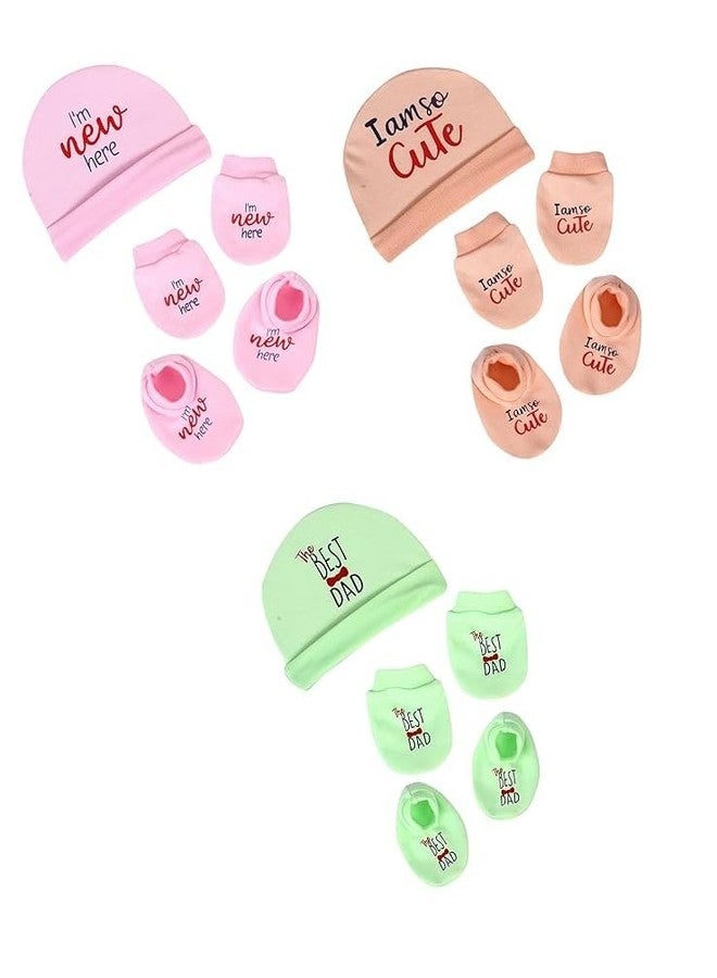 JUSTLIST Newborn Baby Caps|Mittens & Booties Combo Set For 0-3 Months |Babies Gloves & Socks Set|Baby Shower Gift|Designs & Colors Are Same As In Photo|Multicolor (Pack Of 3 Pairs) - Image 1