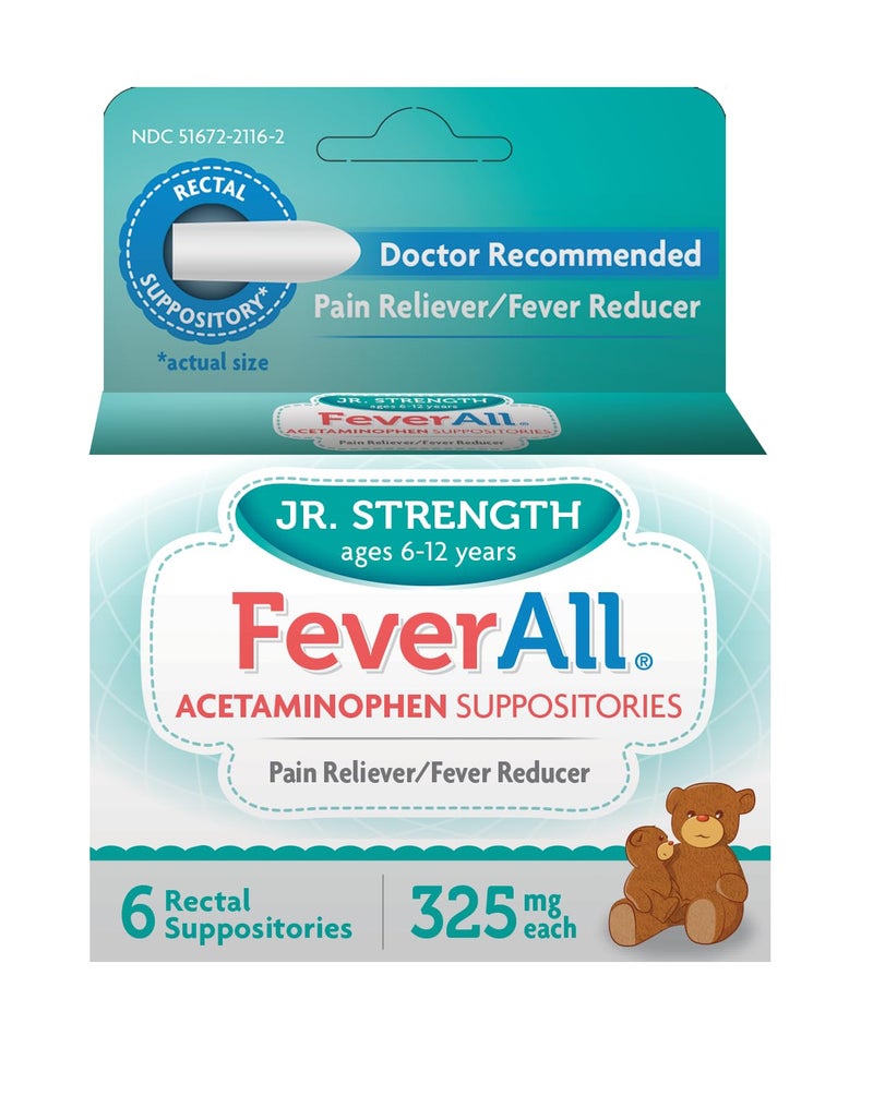 Feverall Children Acetaminophen Suppositories 6 Rectal Suppositories 325mg Each Pain RelieverFever Reducer Paraben Free No Artificial Colors or Other preservatives Ages 612 Years