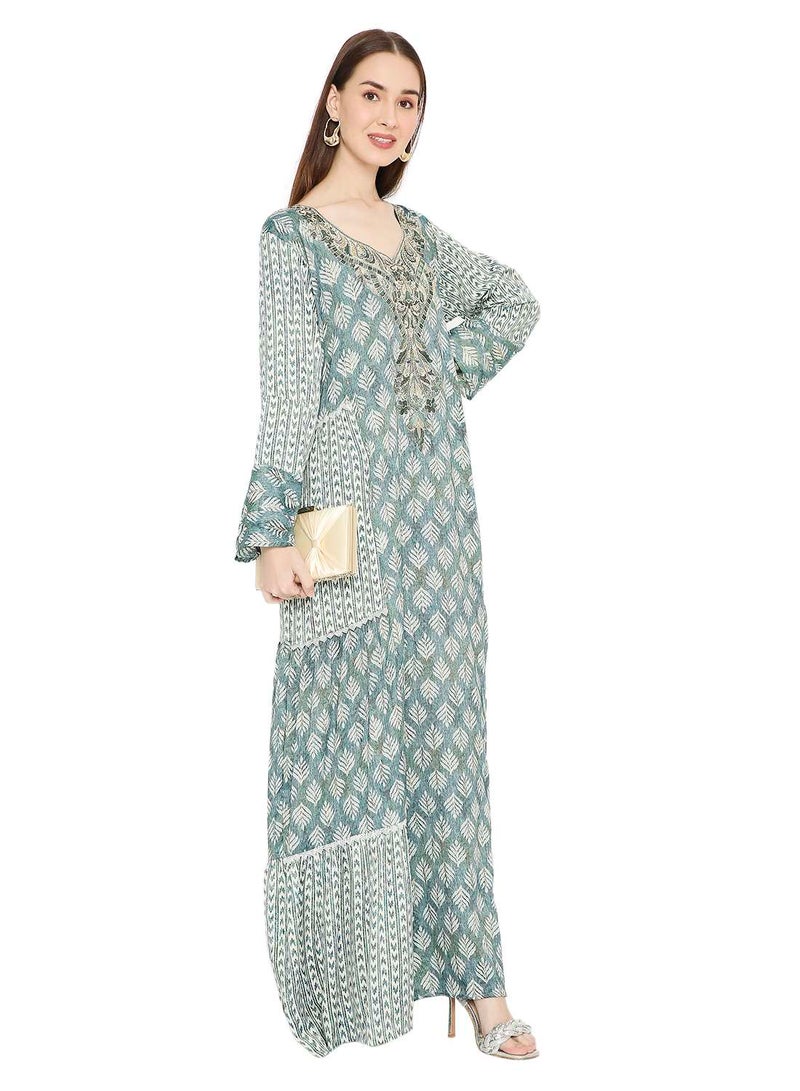 HANA & SARA LONG UNIQUE PRINTED WITH STONE WORK ON THREAD EMBROIDERY ARABIC KAFTAN JALABIYA DRESS  - Image 1