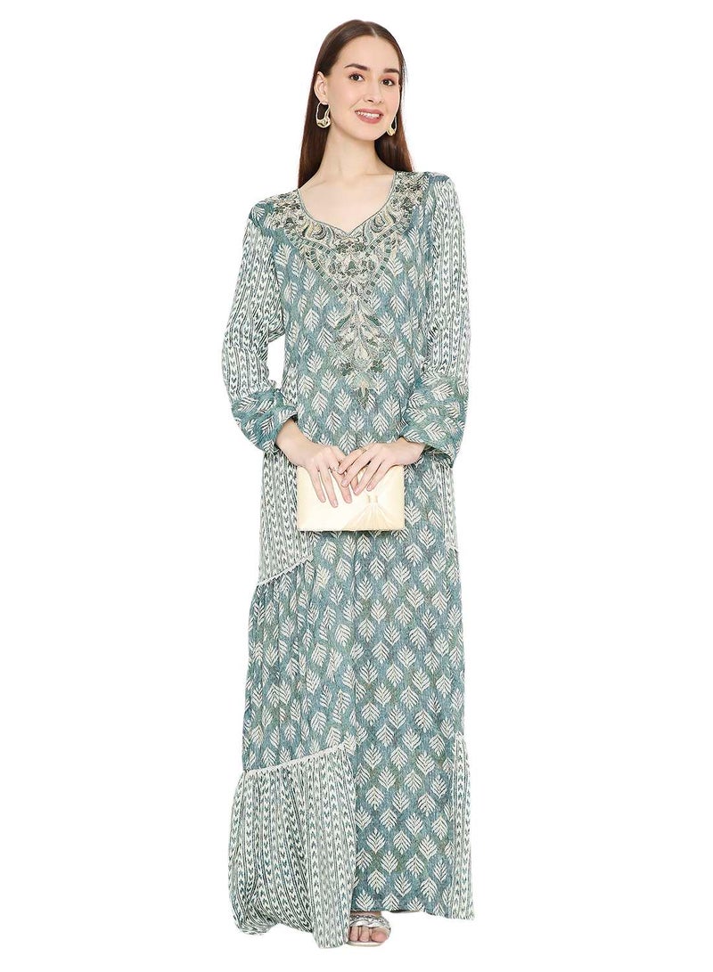 HANA & SARA LONG UNIQUE PRINTED WITH STONE WORK ON THREAD EMBROIDERY ARABIC KAFTAN JALABIYA DRESS  - Image 4