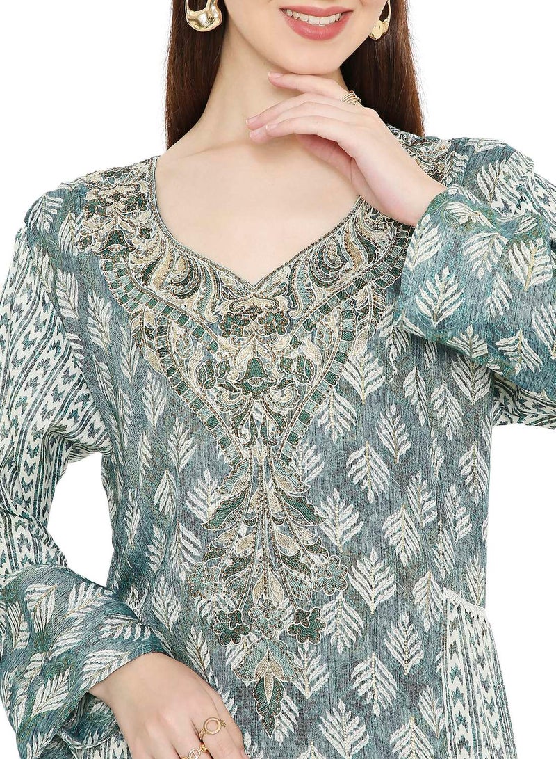 HANA & SARA LONG UNIQUE PRINTED WITH STONE WORK ON THREAD EMBROIDERY ARABIC KAFTAN JALABIYA DRESS  - Image 3
