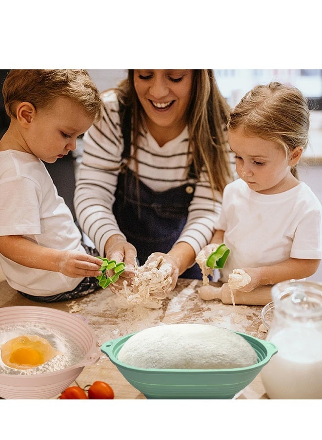 سلّة حوض الخبز السيليكون، سعة 9 إنش، مجموعة من 2 سلة تخمير العجين، وعاء تخمير قابل للطي لخبز المنزل والمبتدئين (مدور وردي + بيضاوي أخضر)  - Image 2