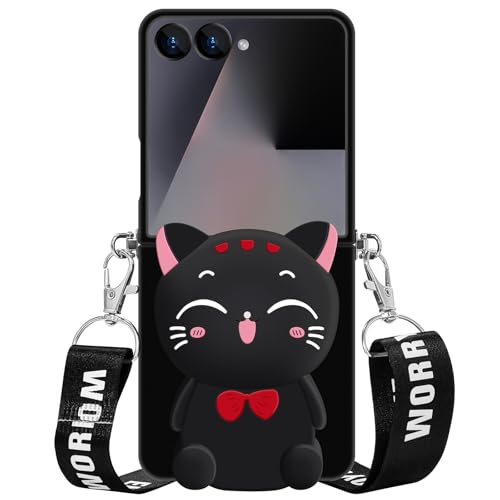 SGVAHY for Samsung Galaxy Z Flip 7 Case, Cute Black Lucky Cat Coin Purse Fancy Phone Case for Women Girls with Crossbody Strap Kawaii Soft Silicone Cover for Galaxy Z Flip 7 - Image 1