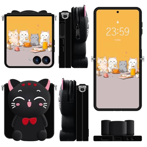 SGVAHY for Samsung Galaxy Z Flip 7 Case, Cute Black Lucky Cat Coin Purse Fancy Phone Case for Women Girls with Crossbody Strap Kawaii Soft Silicone Cover for Galaxy Z Flip 7 - Image 3