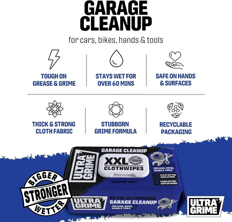 UltraGrime مناديل Garage XXL الثقيلة 80 منديل سميك كبير - مناديل تنظيف ثقيلة - مناديل ثقيلة - مناديل تنظيف الدراجات - منظف لوحة القيادة في السيارة - مناديل تنظيف الجلود - مناديل متعددة الأغراض - Image 2