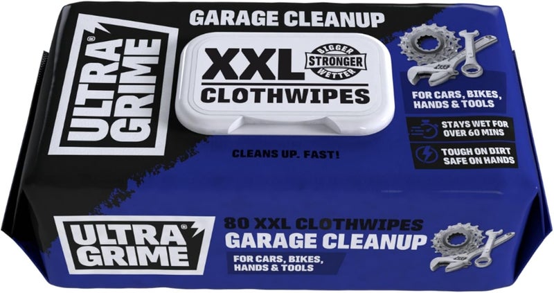 UltraGrime مناديل Garage XXL الثقيلة 80 منديل سميك كبير - مناديل تنظيف ثقيلة - مناديل ثقيلة - مناديل تنظيف الدراجات - منظف لوحة القيادة في السيارة - مناديل تنظيف الجلود - مناديل متعددة الأغراض - Image 1